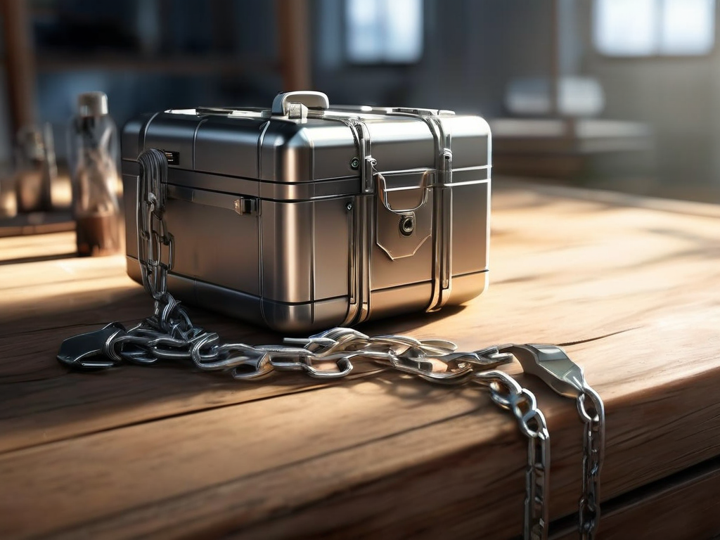 A sealed metal storage case with a short chain and separate small blocks representing file locations on a brushed metal surface...