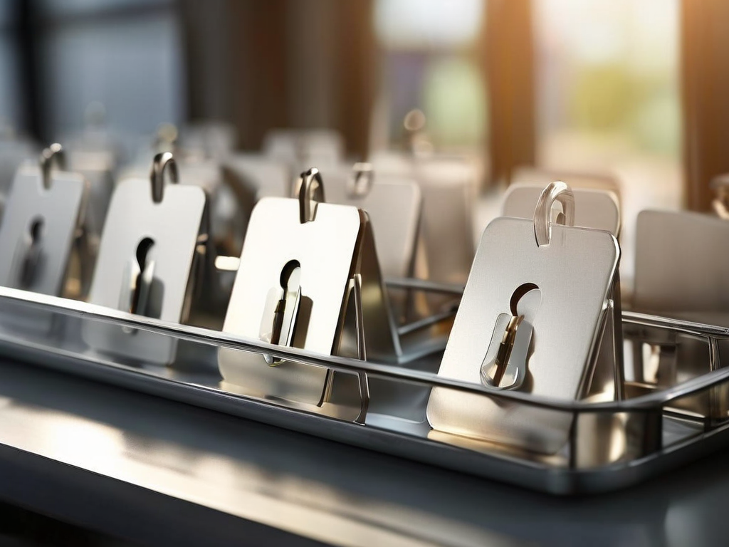 Blank lockable divider cards in a clear tray on brushed metal, morning light, organization metaphor.