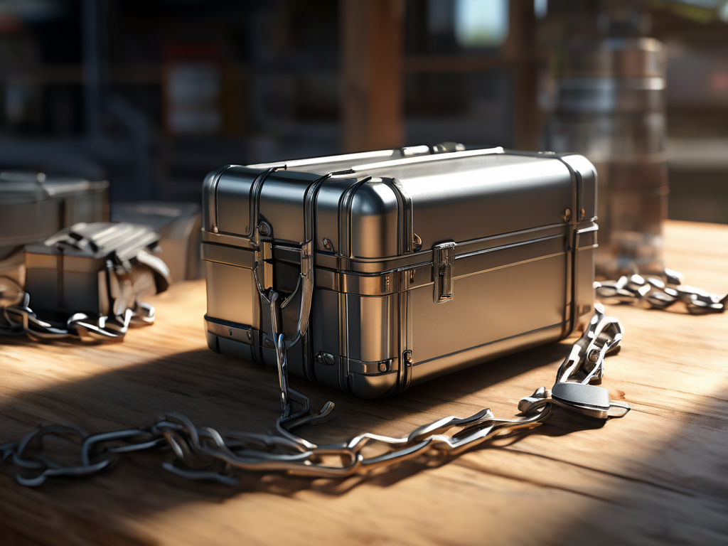 Storage case with chain and small file-location blocks on brushed metal surface, morning light.