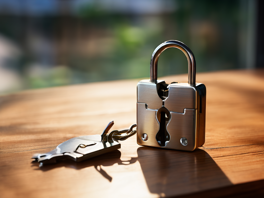 Metal lock, closed key case, and blank security card arranged on brushed metal surface in morning light for subscription renewal...