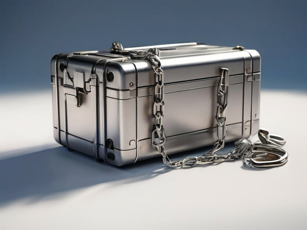 Security case with chain and blocks on brushed metal surface, symbolizing verified file locations.