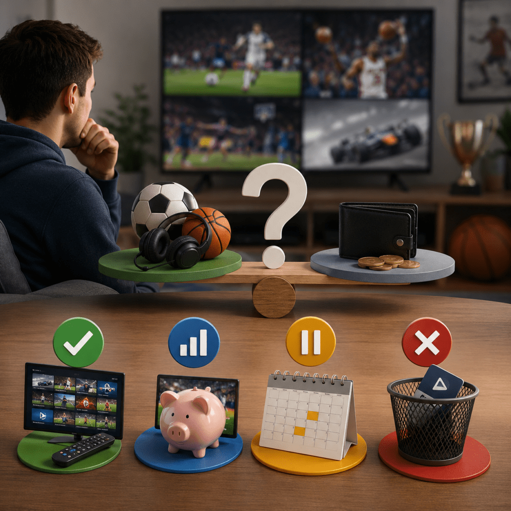 Concept image of evaluating whether to keep a sports streaming subscription during the off-season based on viewing habits and subscription costs.