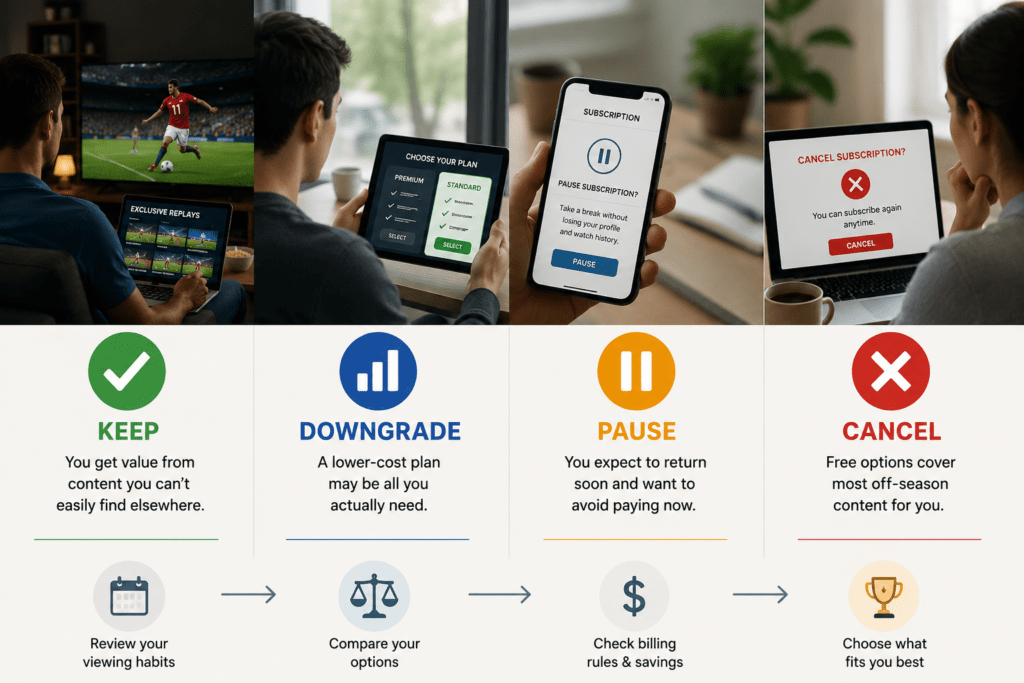 Symbolic comparison of four sports streaming subscription choices during the off-season, illustrating when to keep, downgrade, pause, or cancel a plan according to actual viewing habits.