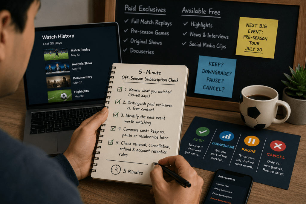 Person performing a five-minute sports streaming subscription check by reviewing viewing habits, subscription value, billing rules, and upcoming sports events before renewal.